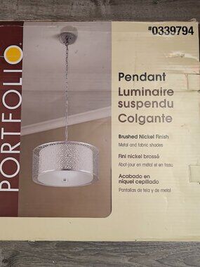 Portfolio 0339794 Pendant Light Brushed Nickel Metal Fabric Shade NEW